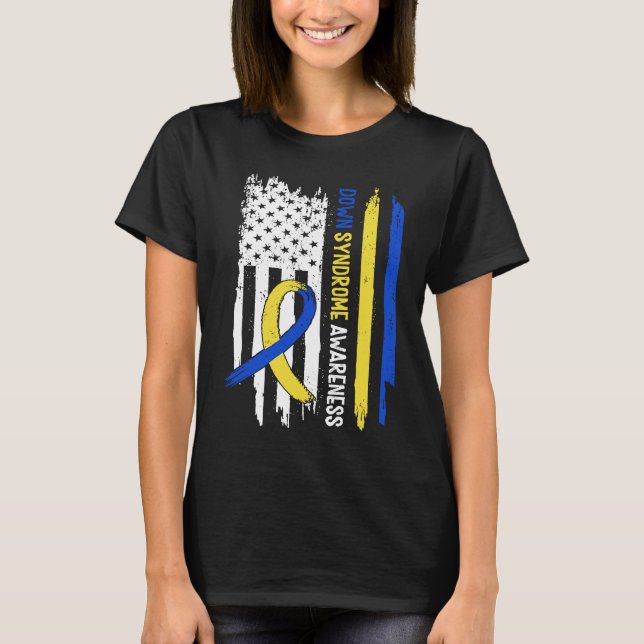 T-shirt Down Syndrome USA Flag Blue Yellow Ribbon (Devant)