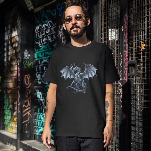 T-shirt Dragon Argent Royal Sur Fond Noir  (Regal Silver Dragon on Black T-Shirt)