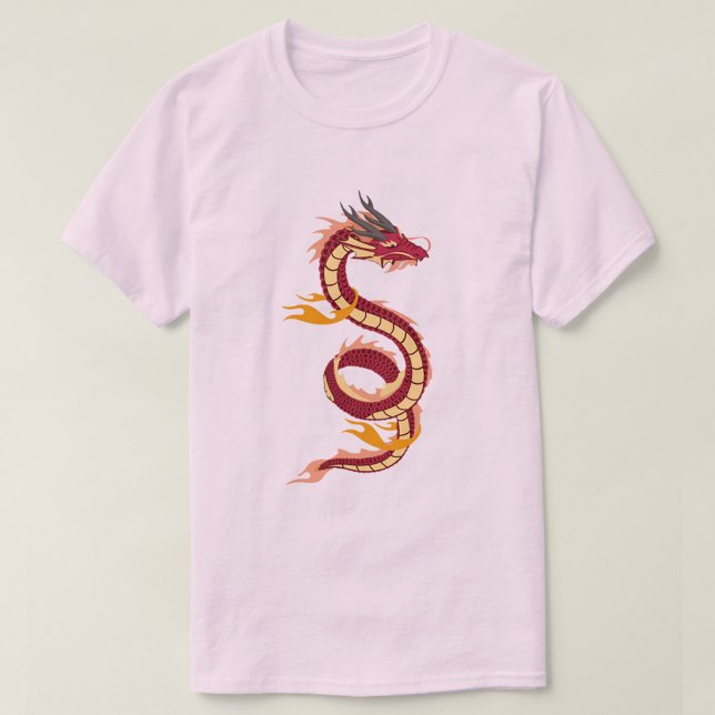 T-shirt Dragon asiatique (A pink t-shirt with a red and yellow dragon design on the front. The dragon is coiled in an S-shape.)