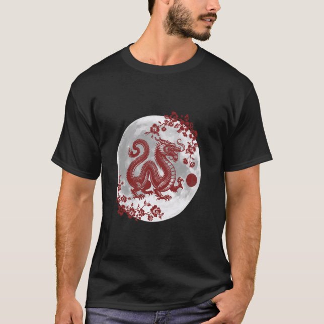 T-shirt Dragon avec Sakura et Pleine lune (Devant)