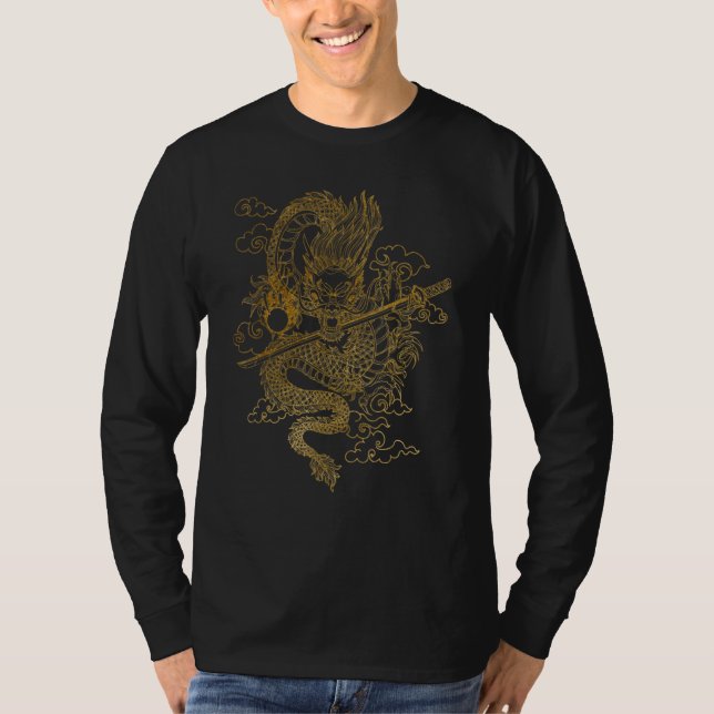 T-shirt Dragon Chinois en Or sur Fond Noir (Devant)