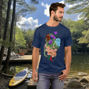 T-shirt Dragon Chinois Vert Mystique Floral Bleu Marine