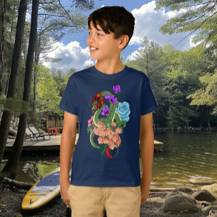 T-shirt Dragon Chinois Vert Mystique Floral Bleu Marine