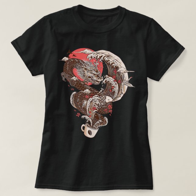 T-shirt Dragon Coffee Cup Great Wave Japan Themed  (Design devant)