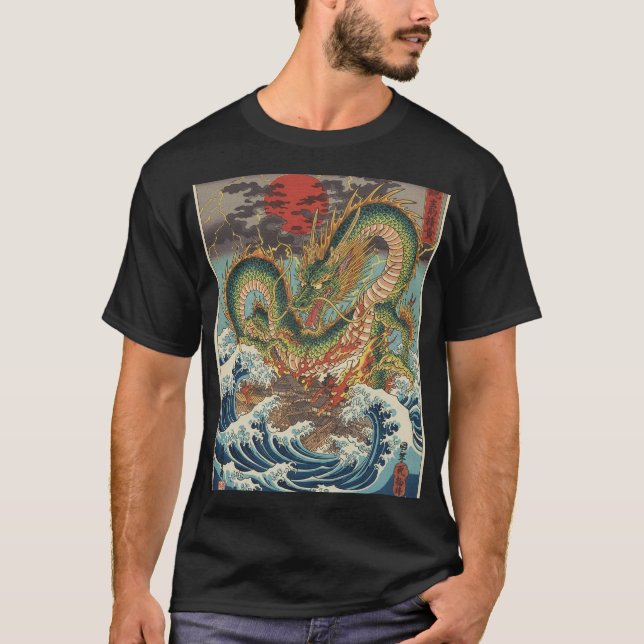 T-shirt Dragon Crest in Crimson Sun Waves (Devant)
