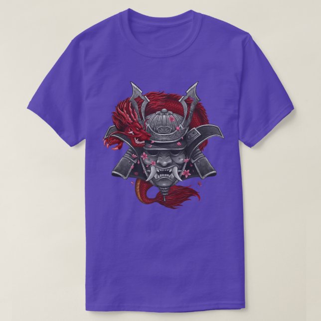 T-shirt Dragon de Masque Samurai japonais avec fleurs de c (Design devant)