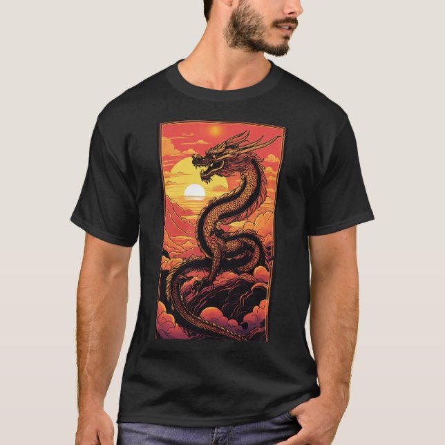T-shirt "Dragon d'or au lever du soleil - Élégance Vaporwa (Devant)