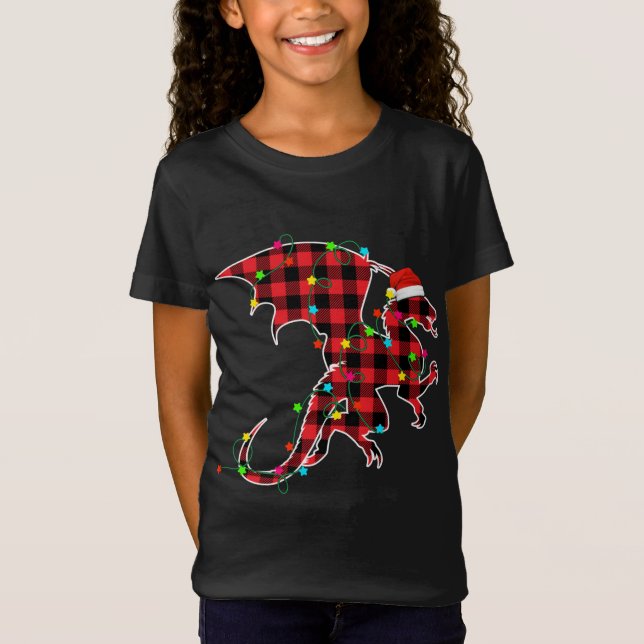 T-Shirt Dragon drôle Arbre de Noël Rouge Plaid Xmas Animau (Devant)