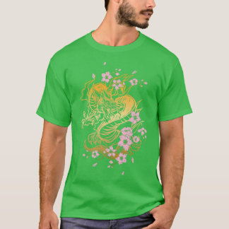 T-shirt Dragon et Dragon japonais avec fleurs de cerisiers