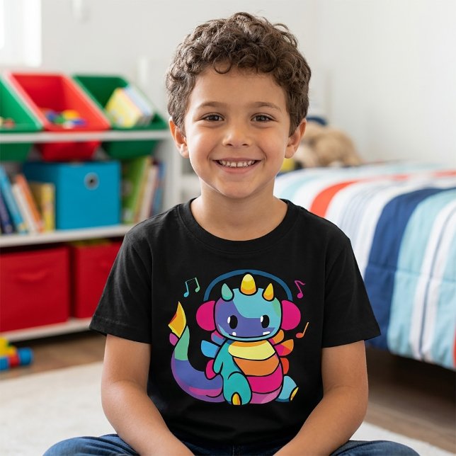 T-shirt Dragon heureux avec des écouteurs en train d'écout (Happy dragon with headphones listening to music. Boy Basic Black T-Shirt)
