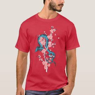 T-shirt Dragon japonais bleu avec arbre à fleurs Sakura