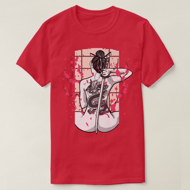 T-shirt Dragon Japonais tatoué Samurai Girl Cerise Bloss (Design devant)