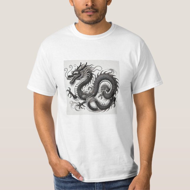 T-shirt Dragón Místico en Blanco y Negro Economica (Devant)