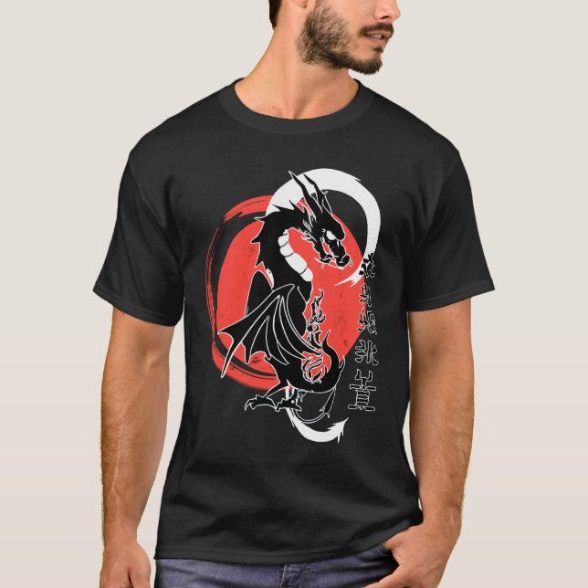 T-shirt Dragon noir, lune rouge (Devant)