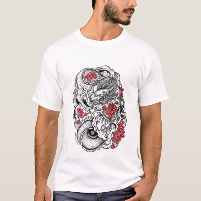 T-shirt Dragon oriental avec des fleurs (Devant)
