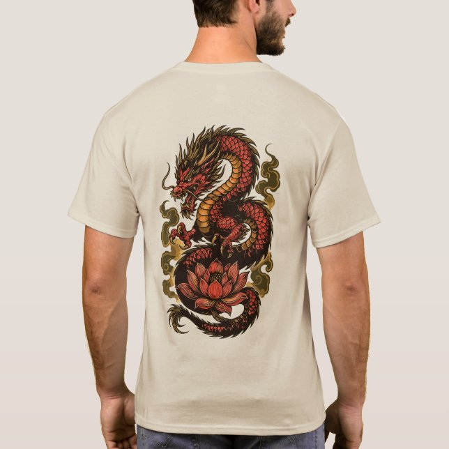 T-shirt : Dragon rouge avec fumée dorée et lotus (Dos)