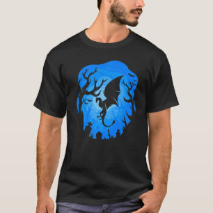 T-shirt Dragon Silhouette Bleu Arrière - plan Forêt Nuit D