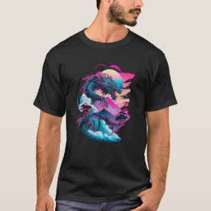 T-shirt Dragon Vaporwave Paysage Abstrait Lune Arbre Arbre
