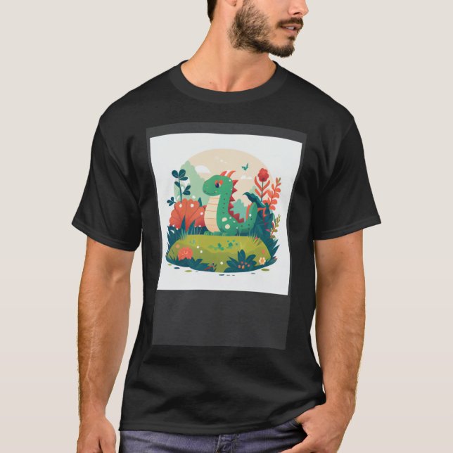 T-shirt Dragon vert mignon dans une forêt de jardin (Devant)