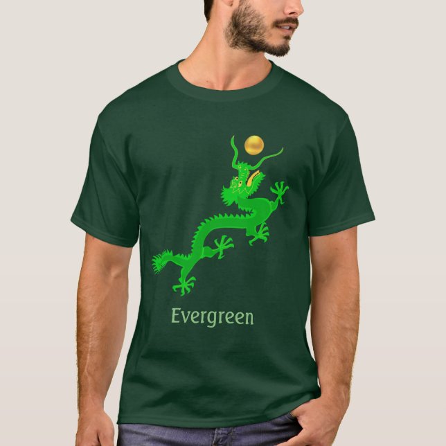 T-shirt Dragon vert volant avec boule dorée & calligraphie (Devant)
