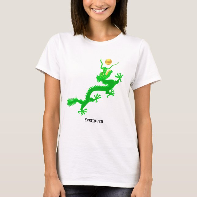 T-shirt Dragon vert volant avec boule dorée & calligraphie (Devant)