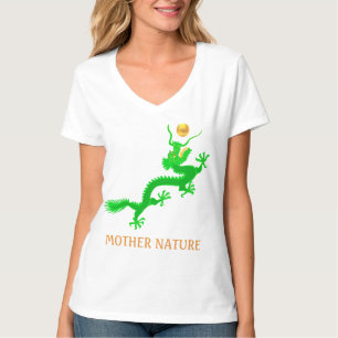 T-shirt Dragon vert volant avec boule dorée & calligraphie