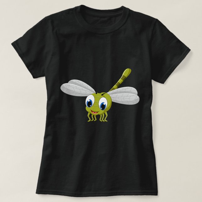 T-shirt DragonFly (A cheerful cartoon dragonfly with big eyes and vibrant colors on a black t-shirt.)