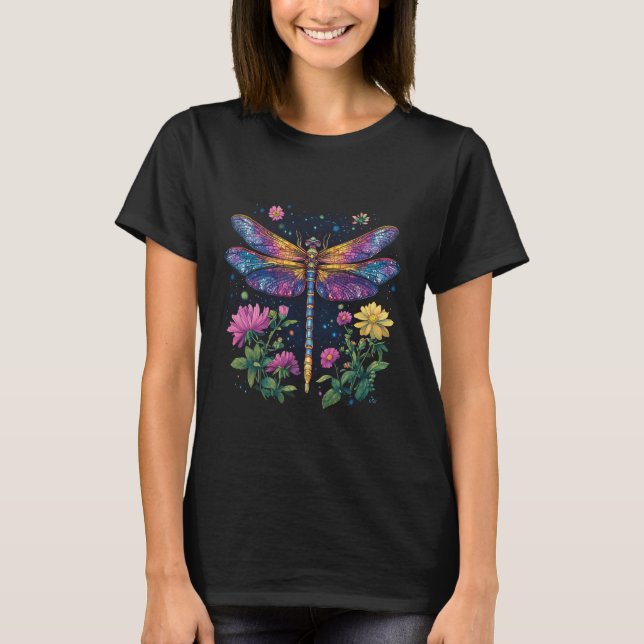 T-shirt Dragonfly colorée aux fleurs (Devant)