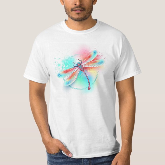 T-shirt Dragonfly rouge sur l'arrière - plan aquarelle (Devant)