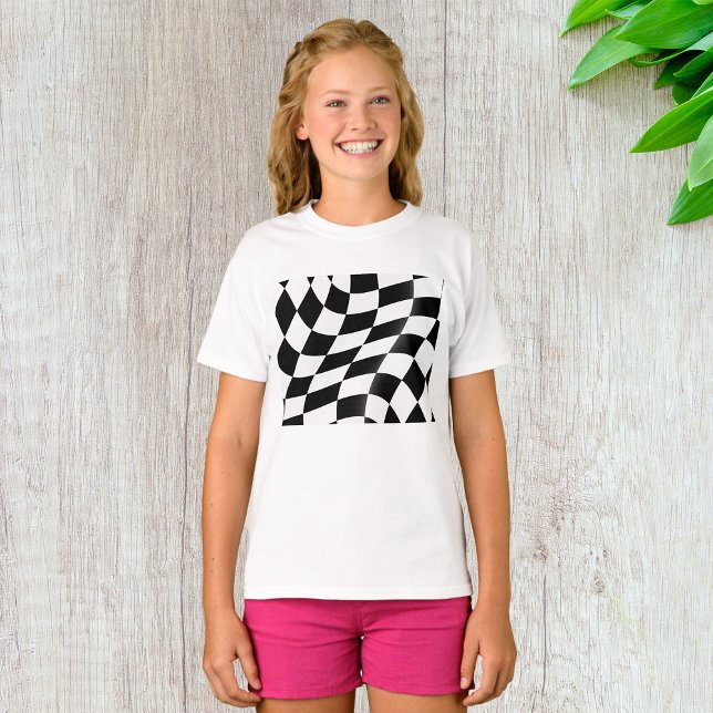 T-shirt Drapeau à carreaux noir et blanc ondulé de course (Créateur téléchargé)