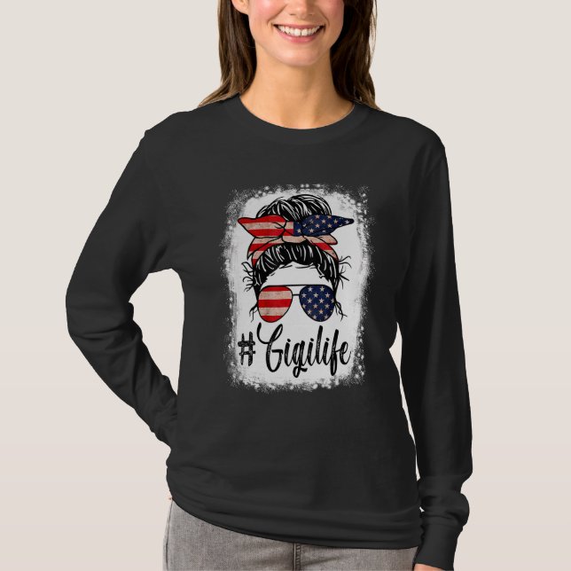 T-shirt Drapeau américain 4 juillet Gigi Life Messy Bun Mo (Devant)