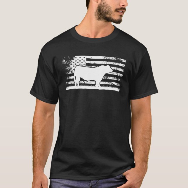 T-shirt Drapeau américain - Amérique Vache Noir Angus Ranc (Devant)