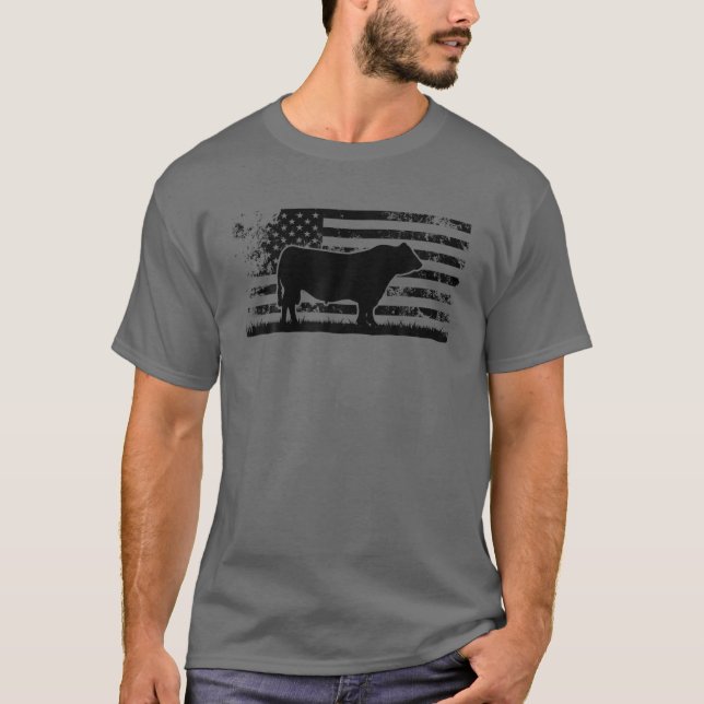 T-shirt Drapeau américain - Amérique Vache Noir Angus Ranc (Devant)