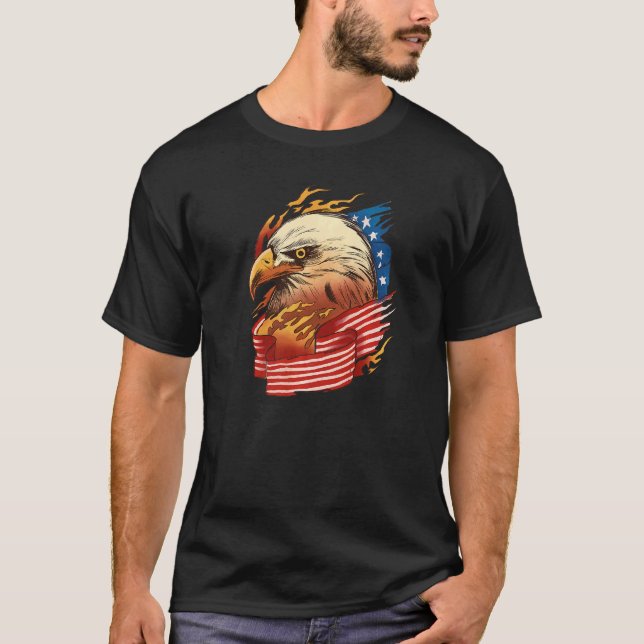 T-shirt Drapeau Américain Avec Aigle Balde En Feu (Devant)