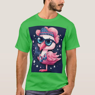T-shirt Drapeau américain avec Flamant rose Cartoon-14484
