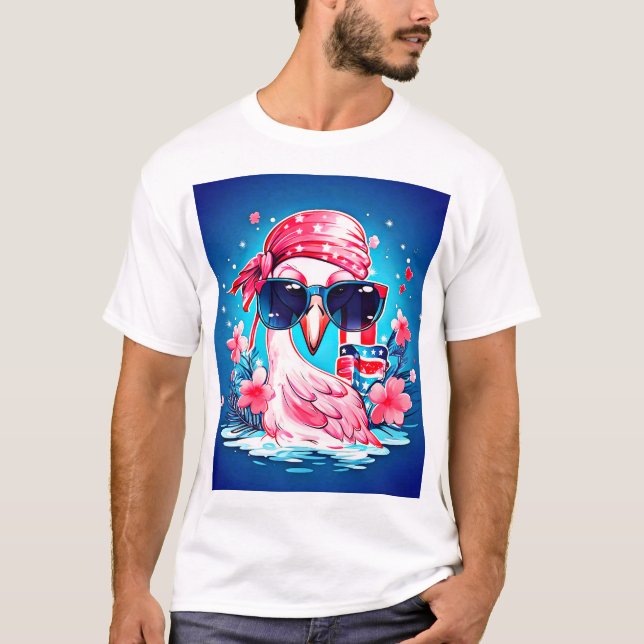 T-shirt Drapeau américain avec Flamant rose Cartoon-69681 (Devant)