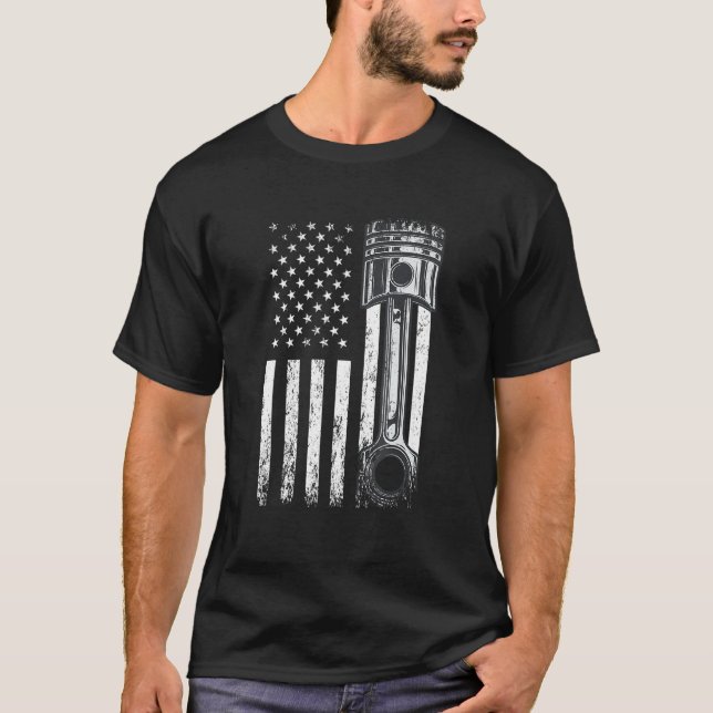 T-shirt Drapeau Américain Avec Moteur De Voiture Piston Gr (Devant)