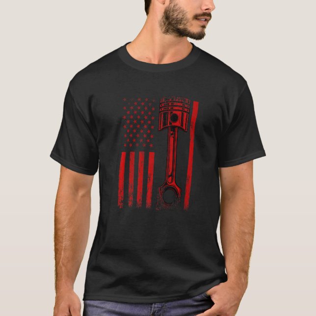 T-shirt Drapeau Américain Avec Piston Moteur De Voiture Gr (Devant)
