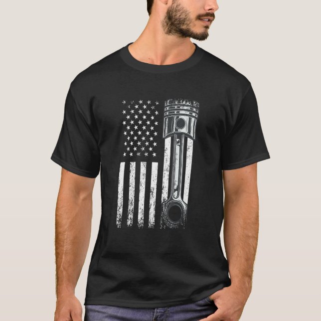 T-shirt Drapeau Américain Avec Piston Moteur De Voiture Gr (Devant)
