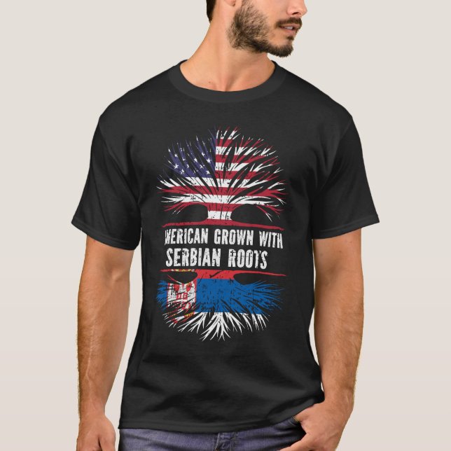 T-shirt Drapeau américain avec racines serbes USA (Devant)
