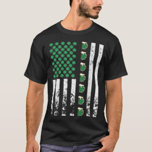 T-shirt Drapeau Américain Buvant Bière Verte Irish Shamroc