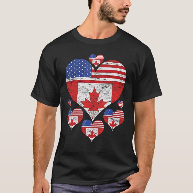 T-shirt Drapeau américain canadien Maple Leaf Hearts Love  (Devant)