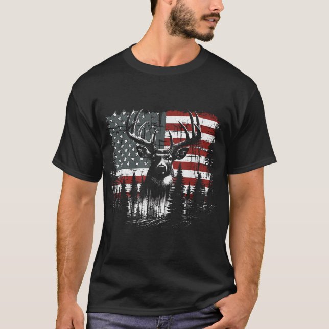 T-shirt Drapeau américain Chasse au cerf Buck blanc (Devant)