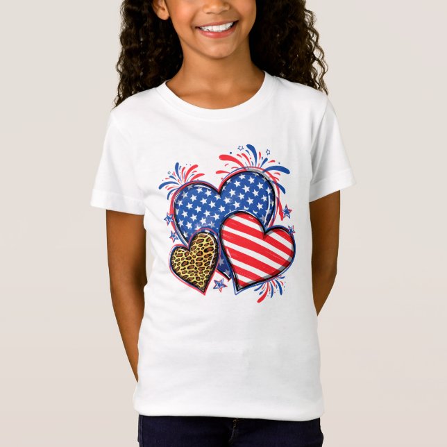 T-Shirt Drapeau Américain Cœur Léopard Sublimation-64210 (Devant)