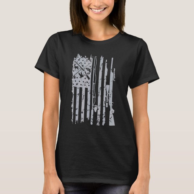 T-shirt Drapeau américain de pêche cool Rod Hunter Rifle (Devant)