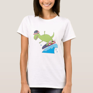 T-shirt Drapeau américain Dinosaur Surfing
