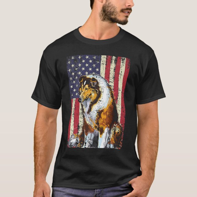 T-shirt Drapeau américain Drapeau rond Collie Patriotique (Devant)