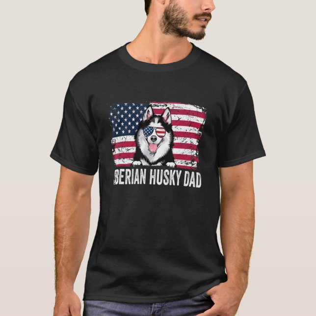 T-shirt Drapeau américain en détresse Sibérie Husky Papa F (Devant)