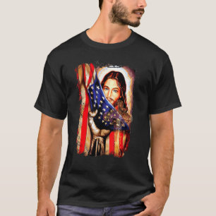 T-shirt Drapeau Américain Et Jésus Foi Chrétien 4 Juil