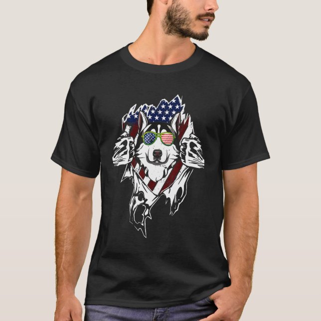 T-shirt Drapeau américain Husky Dog (Devant)